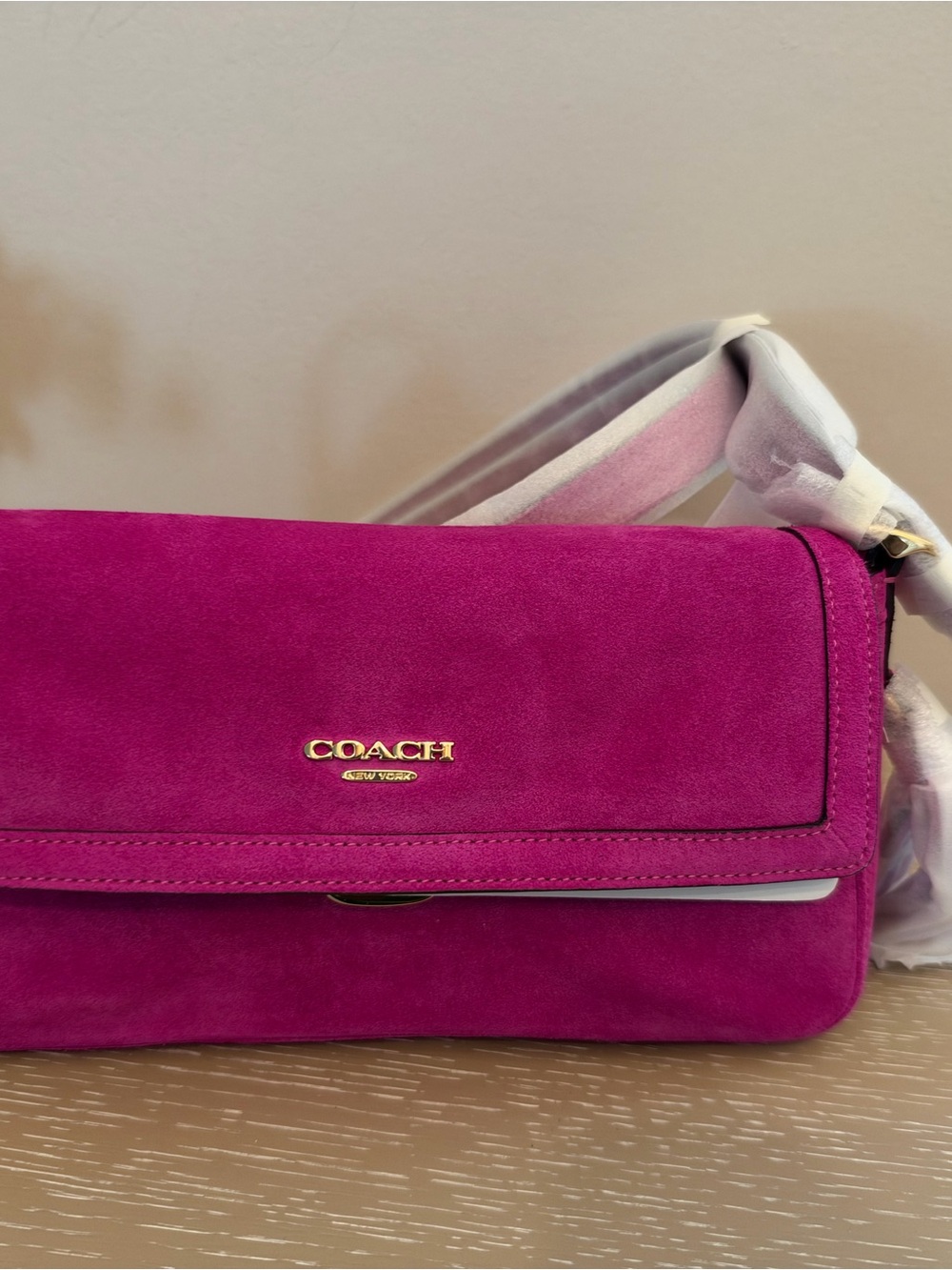 Coach Etta Small Flap in Magenta Suede Shoulder Bag with Gold Logo